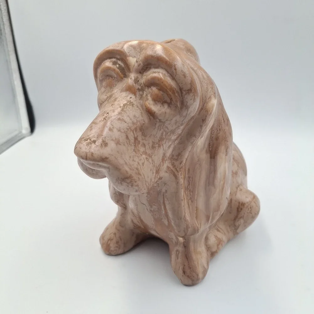 Vintage Ceramic Bassett Hound Dog Coin Piggy Bank Statue Glazed Marbeled‎ Sad